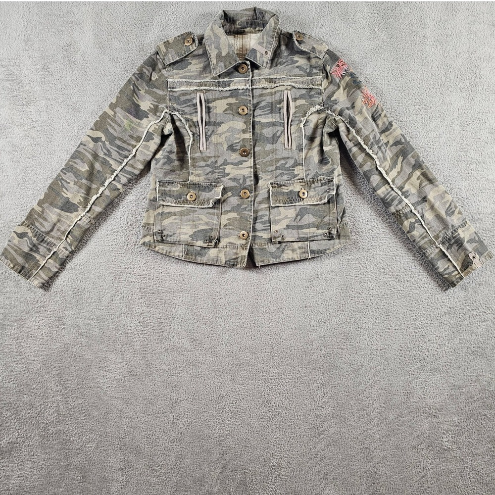 Aeropostale Camo Military Utility Jacket Distressed Raw Hem Green Large Y2K
